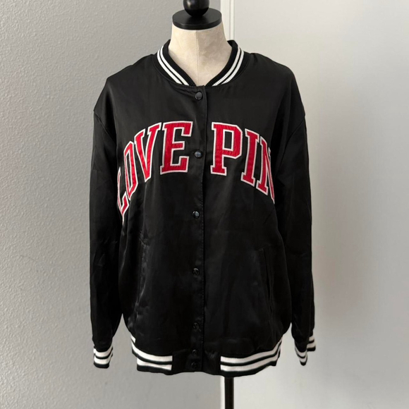 PINK Victoria's Secret Satin Black & Red Bomber Jacket - Size M - Picture 1 of 8